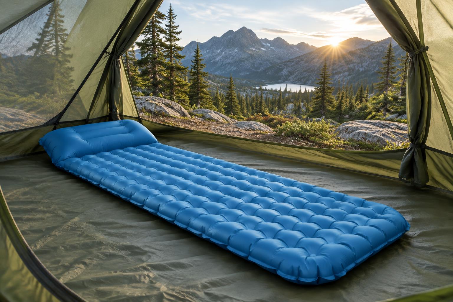 Inflatable sleeping pad inside a tent at sunrise