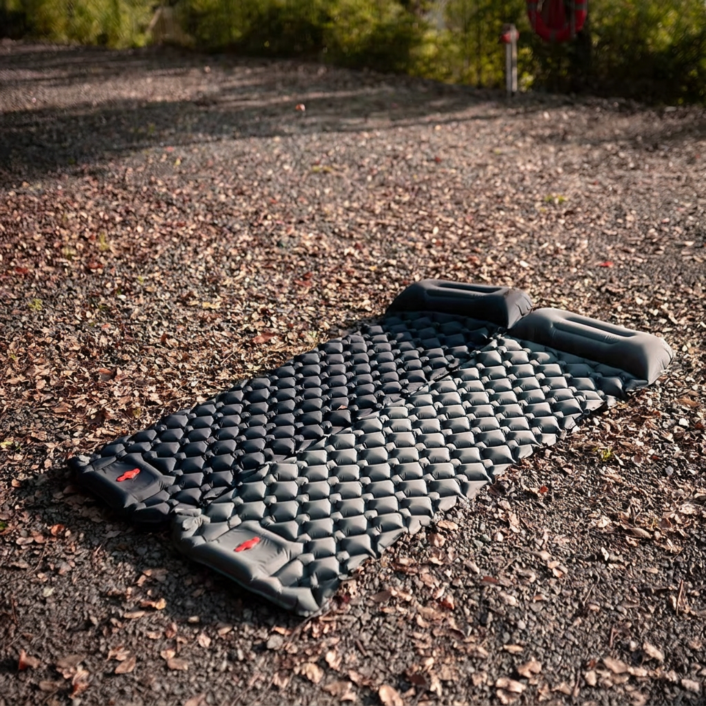 Two Novalro pads buttoned together on a forest floor